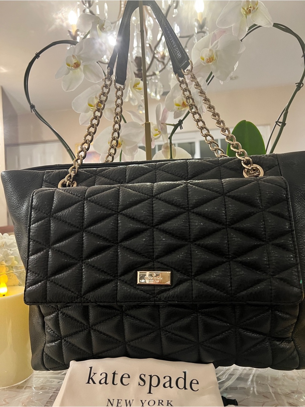 Kate Spade Black Quilted Leather Chain Shoulder Bag Gold Hardware Dust Bag - Picture 4 of 9